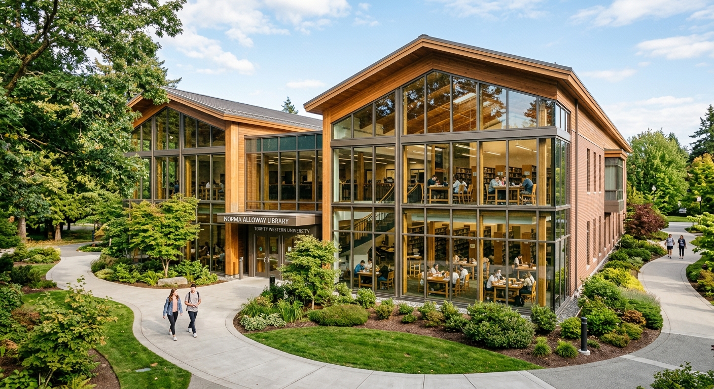 Norma Alloway Library at Trinity Western University, modern building with large windows, students studying inside, surrounded by green trees and walking paths