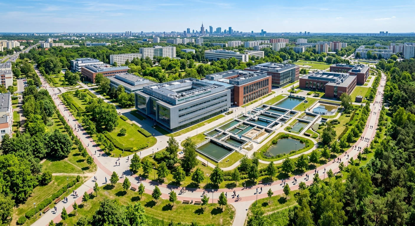 Aerial view of Warsaw University of Life Sciences SGGW modern campus in Ursynow district, green landscaped grounds with engineering faculty buildings, water management laboratory facilities, and students walking along tree-lined paths under clear blue sky