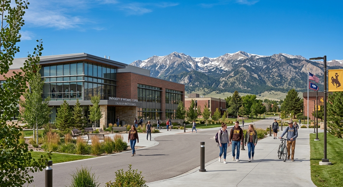 University of Wyoming Casper campus with modern laboratory building, students walking on pathways, Wyoming mountain landscape in background, clear blue sky