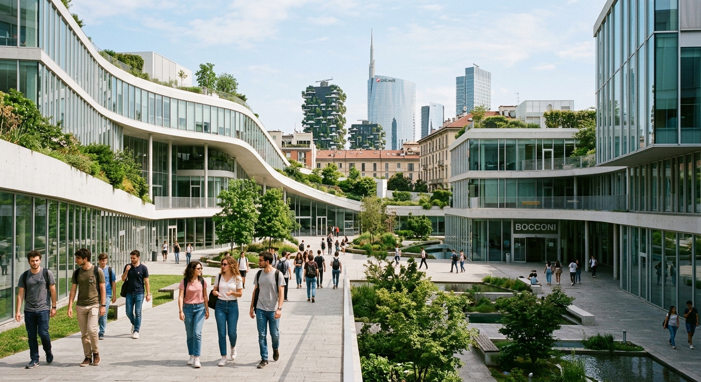 Modern Bocconi University campus in Milan Italy with contemporary architecture, green sustainability elements, students walking through courtyard, urban skyline in background, bright daylight