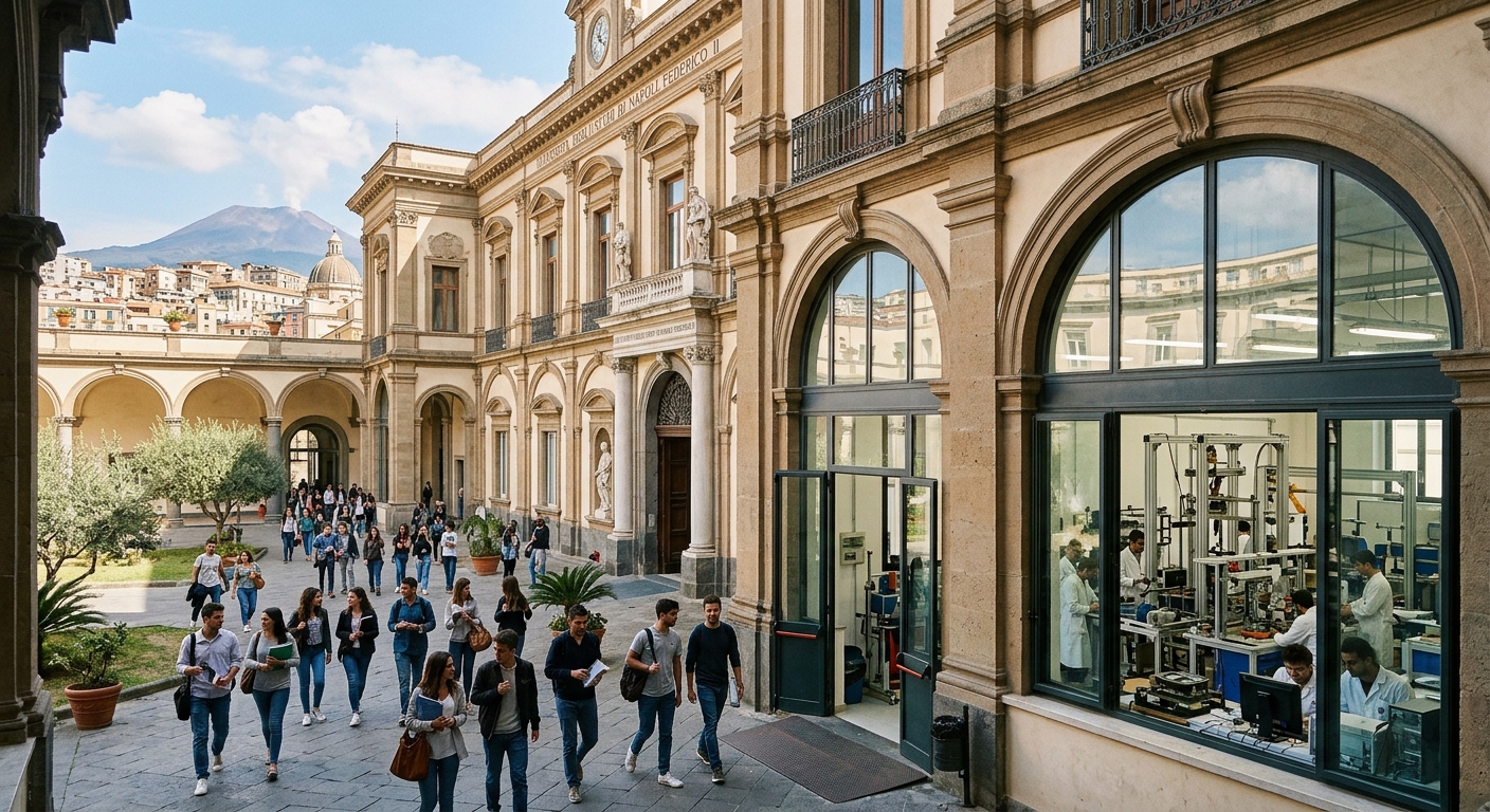 Historic University of Naples Federico II campus building with classical Italian architecture, students walking through arched corridors, Mediterranean sunlight, engineering laboratory equipment visible through large windows, Naples cityscape with Mount Vesuvius in the background
