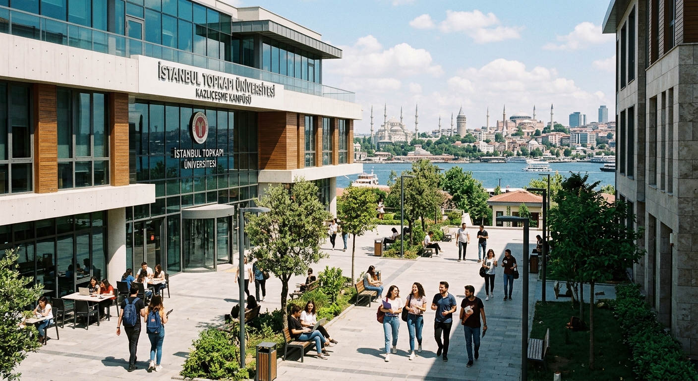 Modern university campus building at Istanbul Topkapı University Kazlıçeşme Campus with students walking through courtyard, historic Istanbul skyline visible in background, European side of Istanbul, sunny day