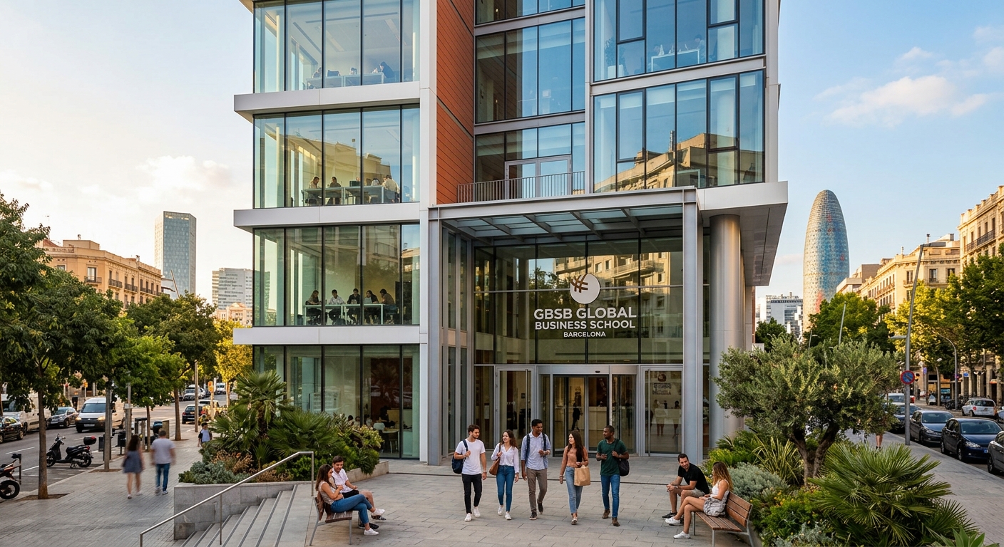 Modern GBSB Global Business School campus building in Barcelona Spain, contemporary architecture with glass facades, Mediterranean urban setting, students walking near entrance, warm sunlight