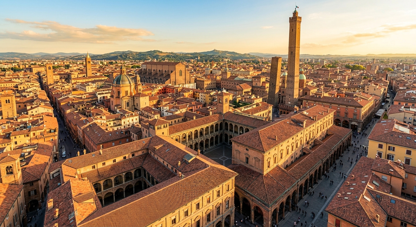 Aerial view of the University of Bologna historic campus with medieval porticoes, red-roofed buildings, and the iconic Two Towers of Bologna visible in the background under warm golden sunlight