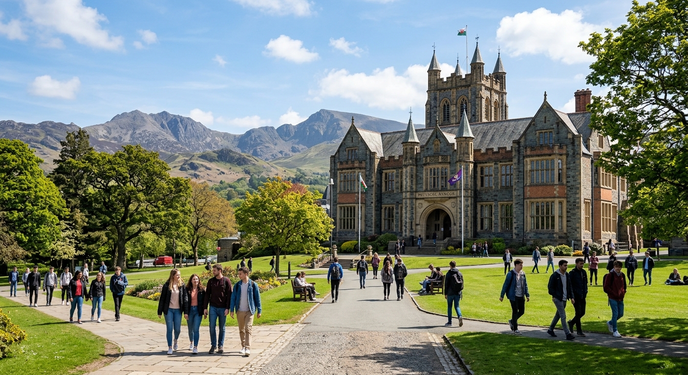 Bangor University main building with historic architecture set against the backdrop of Snowdonia mountains in North Wales, students walking across campus grounds on a sunny day