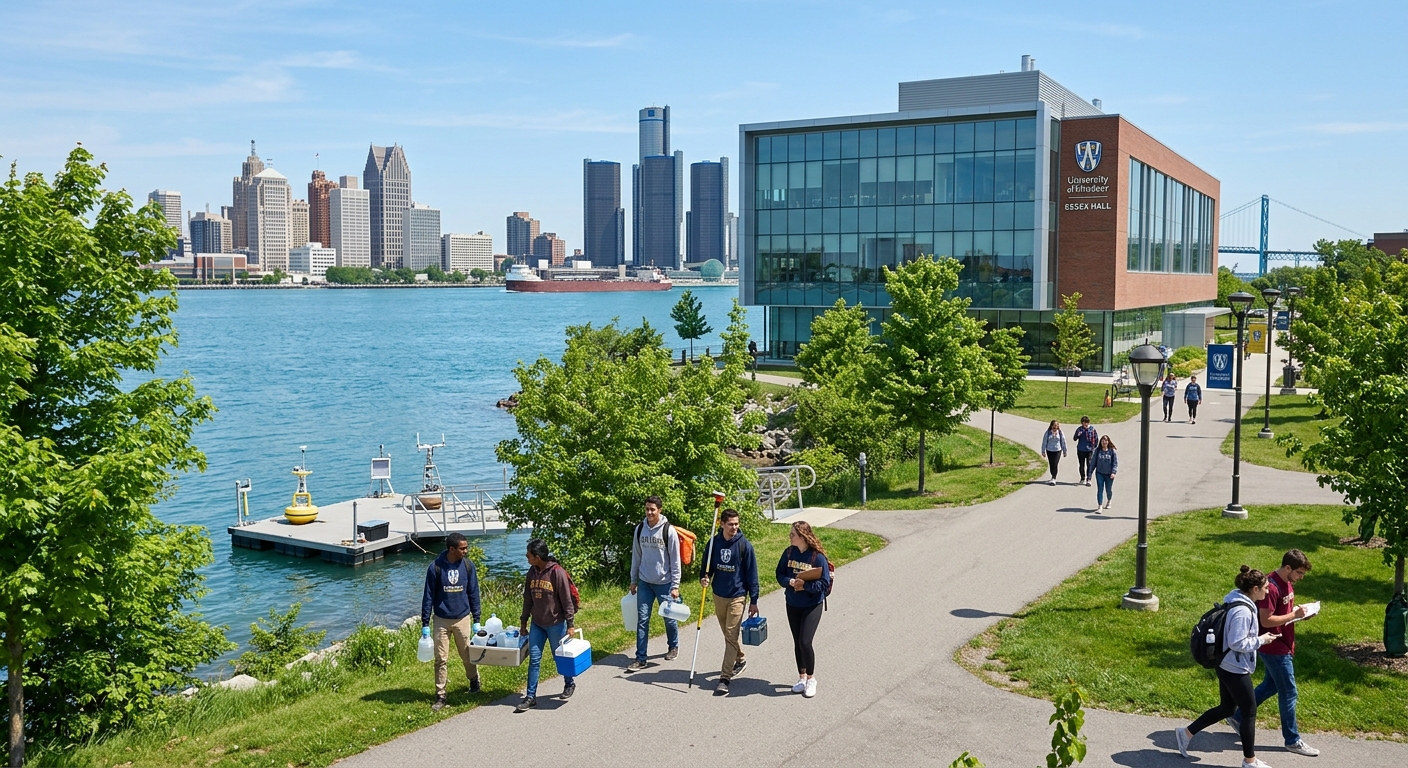 University of Windsor campus with modern science buildings overlooking the Detroit River, lush green trees and walking paths, students carrying field equipment near a waterfront research area, bright sunny day in Windsor Ontario Canada