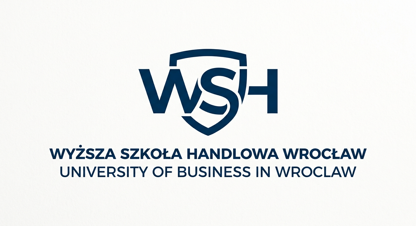 University of Business in Wroclaw WSH official logo, stylized letters WSH in dark blue with the full university name in Polish and English, clean modern design on white background
