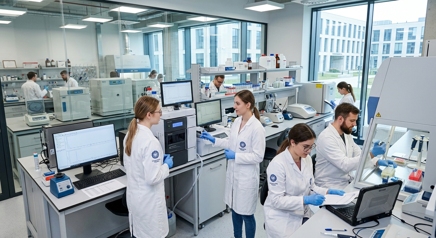 Modern research laboratory interior at Silesian University of Technology, advanced scientific equipment, students and researchers working together, bright lighting
