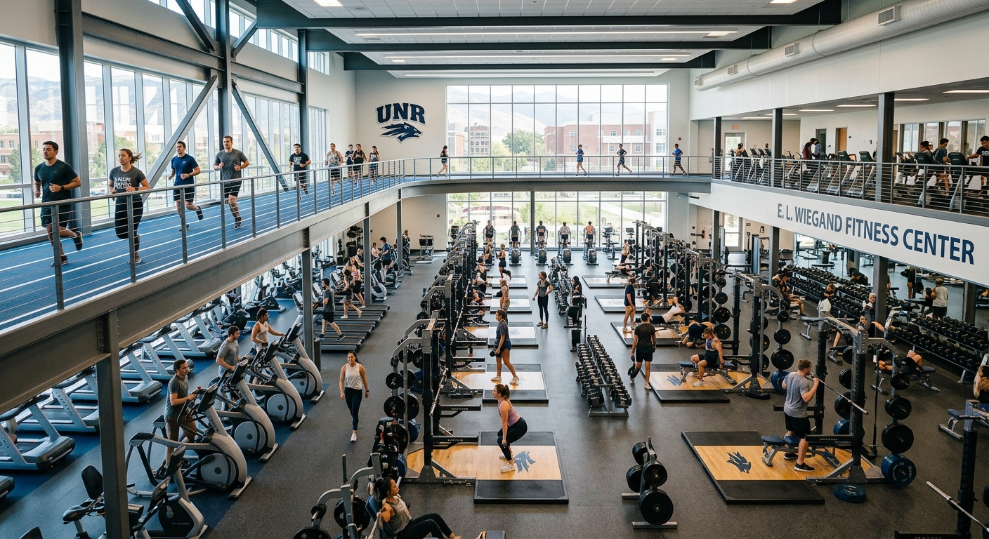 E. L. Wiegand Fitness Center at University of Nevada Reno, large modern fitness facility, students exercising, indoor track and weight rooms