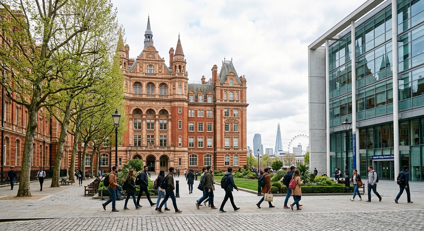 Imperial College London South Kensington campus, grand Victorian architecture with modern glass-fronted Business School building, students walking through campus courtyard, London skyline in background, bright overcast day