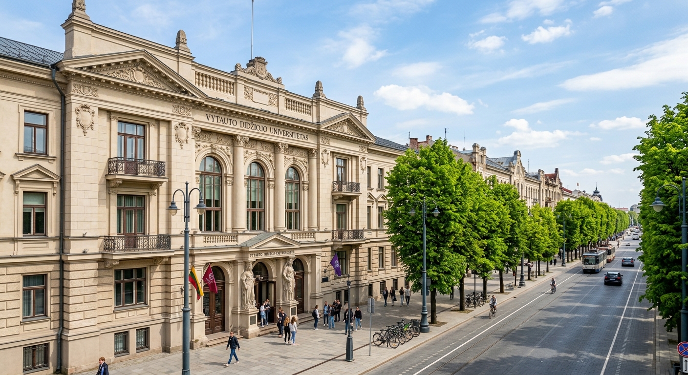 Vytautas Magnus University main campus building on K. Donelaicio street in Kaunas, Lithuania, classical architecture with green trees lining the boulevard, sunny day with blue sky