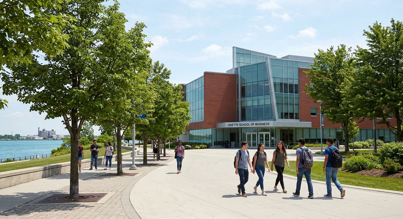 University of Windsor campus with Odette School of Business building, students walking along tree-lined pathways near the Detroit River waterfront, modern academic architecture under clear Canadian skies