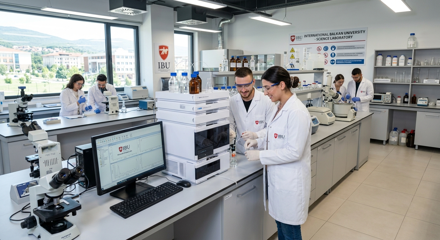 Modern science laboratory at International Balkan University, students working with equipment, bright interior lighting, white lab coats, advanced instruments