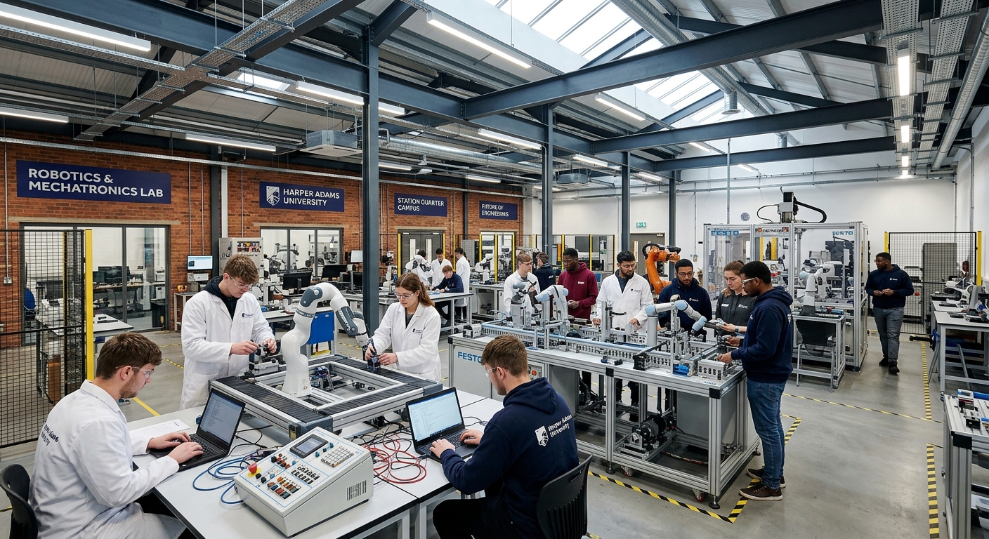 Modern robotics and engineering laboratory at Harper Adams University Station Quarter campus in Telford, featuring robotic arms, mechatronic workstations, students assembling automated systems, bright industrial lighting with exposed ceiling beams