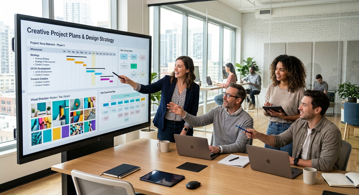 Modern digital workspace with design management professionals collaborating around a large screen displaying creative project plans, mood boards and design strategy diagrams, bright contemporary office environment with natural light