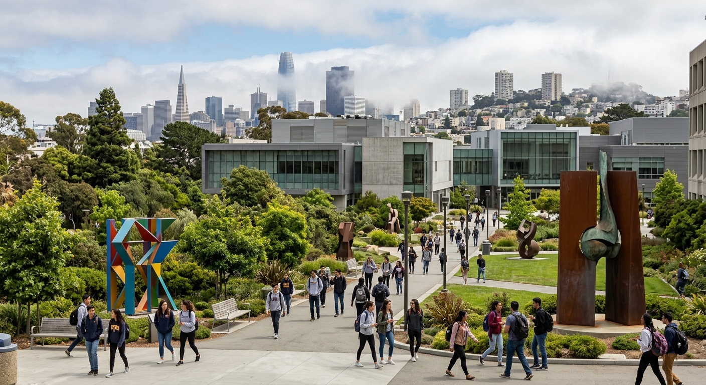 San Francisco State University campus with modern art buildings, lush green surroundings, students walking through outdoor sculpture installations, with the San Francisco skyline and fog in the background