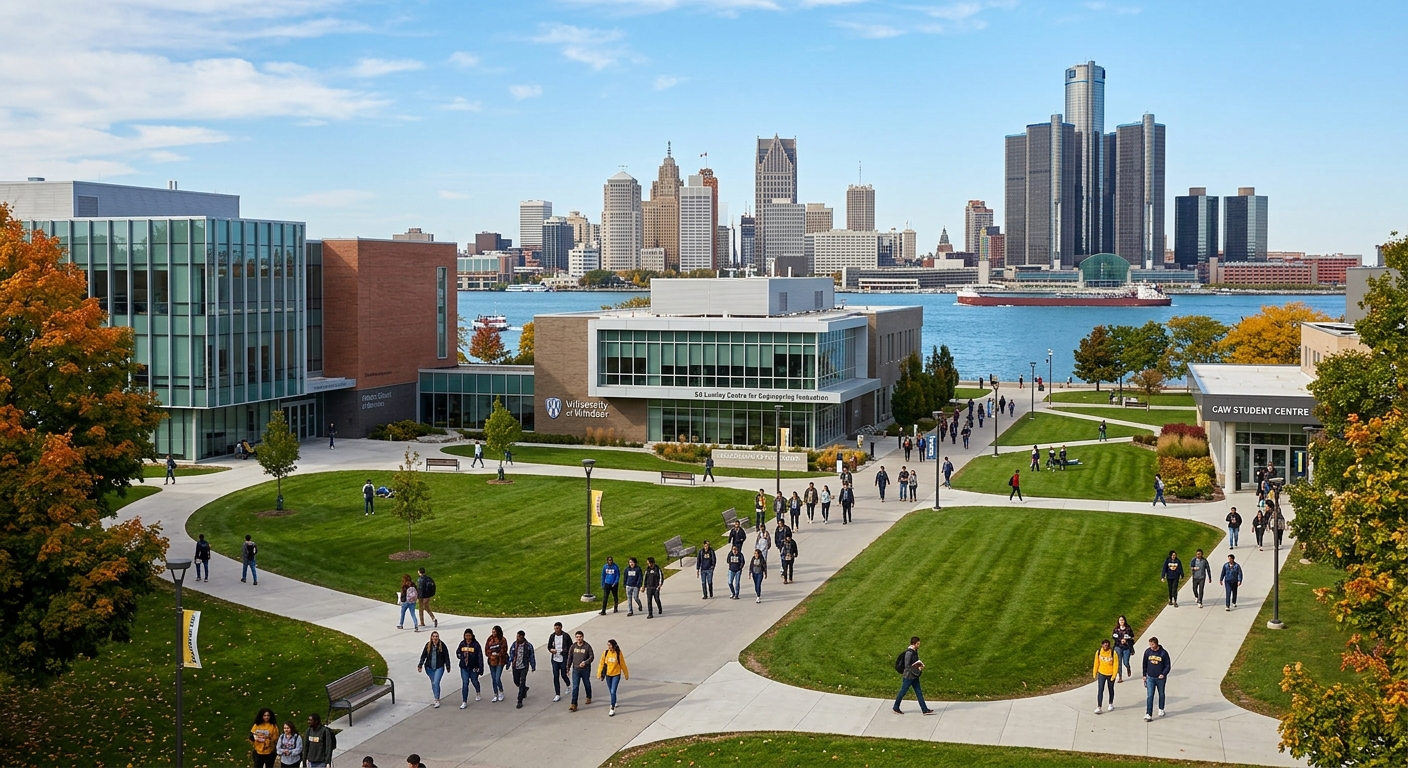 University of Windsor campus with modern academic buildings, green lawns, and students walking along pathways in Windsor, Ontario, Canada, with the Detroit River skyline visible in the background