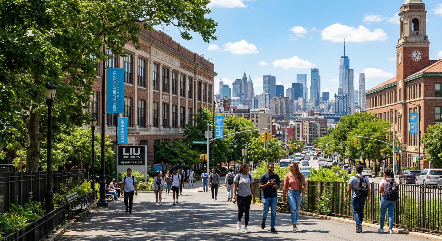 Long Island University Brooklyn campus building exterior with students walking on tree-lined pathways, urban New York City skyline visible in background, sunny day with blue sky