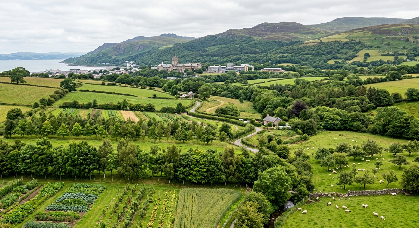 Lush green agroforestry landscape with mixed tree and crop systems, rolling Welsh hills in the background, Bangor University campus buildings visible in the distance, bright overcast sky typical of North Wales