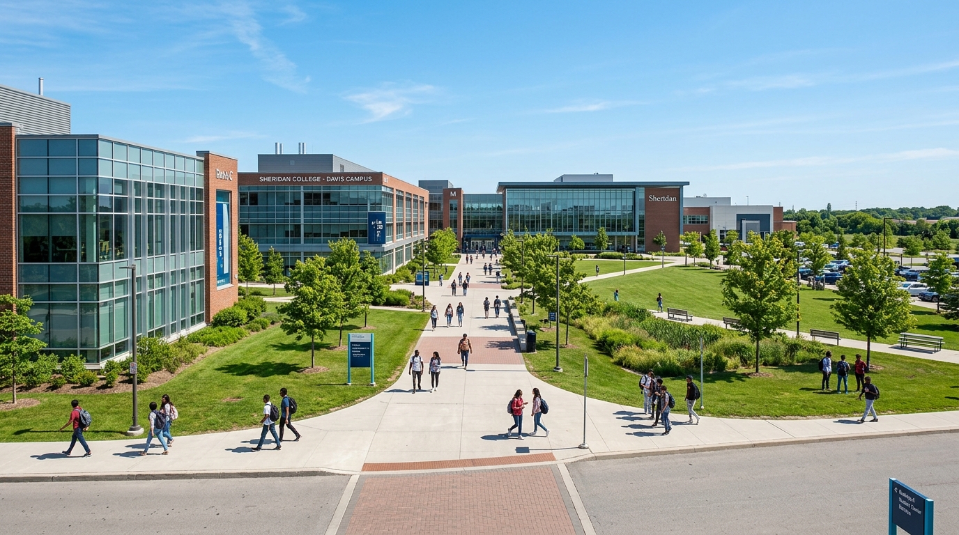 Sheridan College Davis Campus wide-shot in Brampton Ontario, modern institutional buildings with glass facades, green landscaped grounds, students walking on pathways, clear blue sky