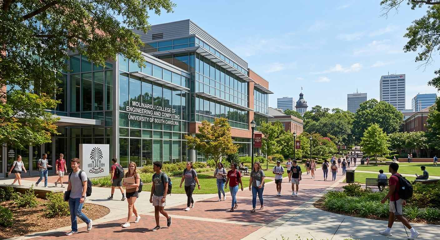 University of South Carolina Molinaroli College of Engineering and Computing campus, modern engineering building with glass facade, students walking on tree-lined pathways, Columbia South Carolina skyline in background, sunny day