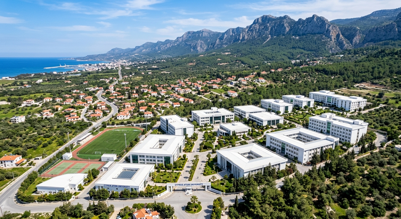 Aerial view of Cyprus Aydin University campus in Ozankoy near Kyrenia, Northern Cyprus, modern white university buildings surrounded by Mediterranean greenery with mountains in the background and blue sky