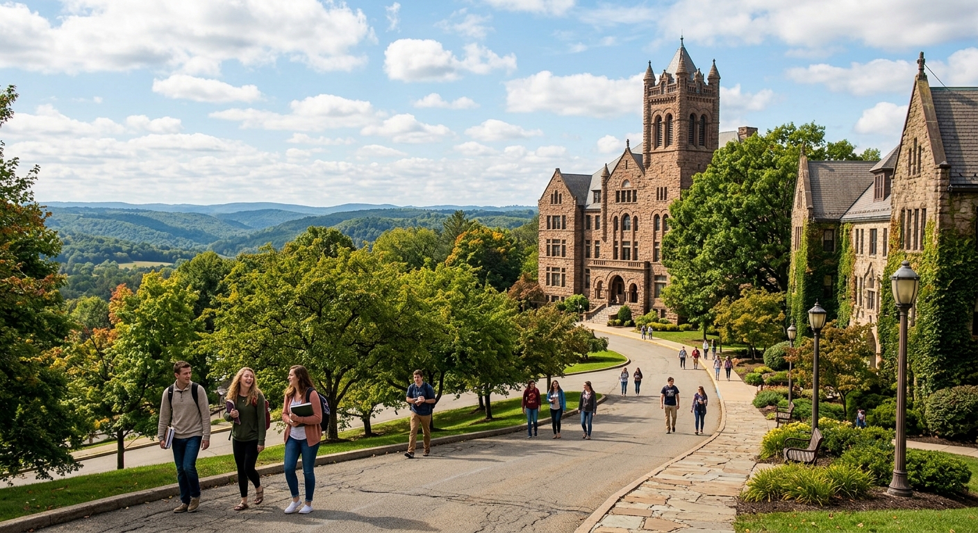 Seton Hill University campus in Greensburg Pennsylvania, historic stone buildings surrounded by lush green trees on a hilltop, students walking along tree-lined pathways with scenic Laurel Highlands in the background