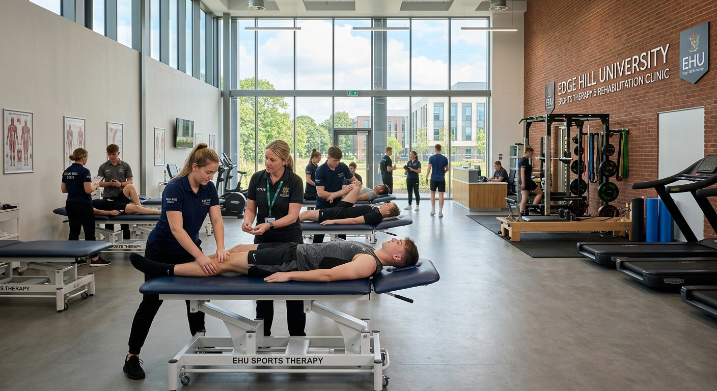 Modern sports therapy clinic at Edge Hill University campus with treatment tables, rehabilitation equipment, and students practicing clinical techniques under professional supervision, bright natural lighting
