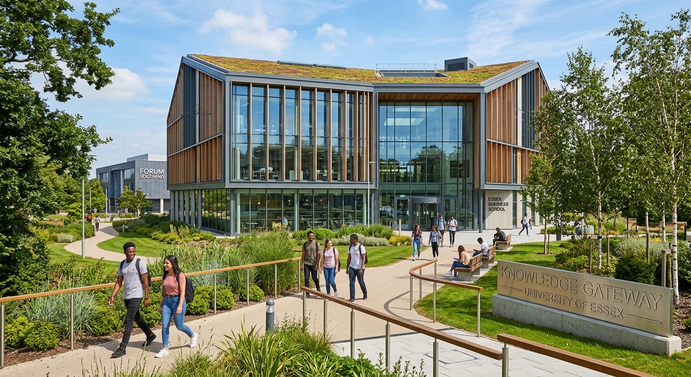 Modern Essex Business School building with glass facade on the Southend Campus, students walking along pathways near the Knowledge Gateway, bright daylight with green landscaping and contemporary architecture