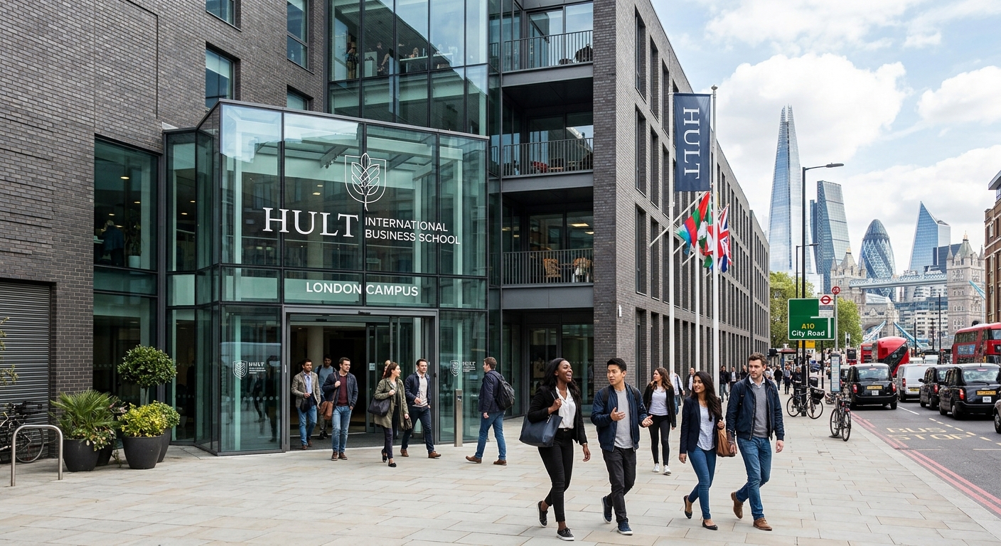 Modern Hult International Business School London campus exterior, contemporary glass and brick architecture in central London, diverse international MBA students walking through entrance, urban business district backdrop with iconic London skyline