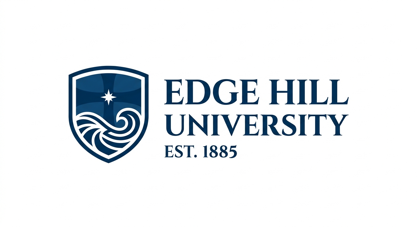 Edge Hill University official logo, dark blue text with stylized EHU shield emblem on white background