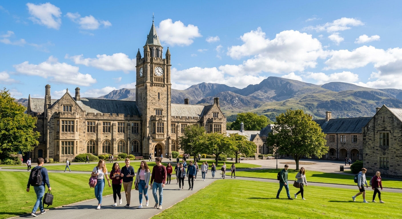 Bangor University historic main building with clock tower set against the backdrop of Snowdonia mountains in North Wales, students walking across campus on a sunny day