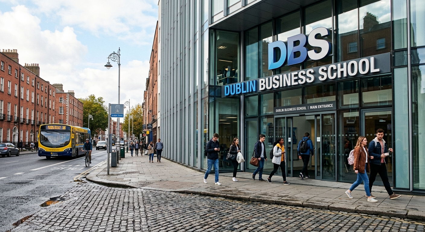 Modern Dublin Business School campus building on Aungier Street in Dublin city centre, students walking through entrance, contemporary glass facade with DBS signage, cobblestone street, Irish urban setting with Georgian architecture in background
