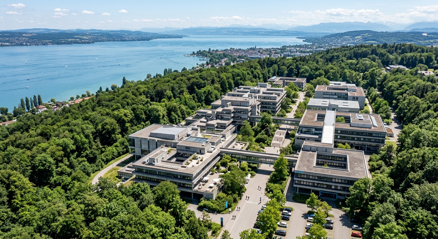 University of Konstanz main campus building, modern concrete and glass architecture surrounded by green forest on the Giessberg hillside, aerial perspective