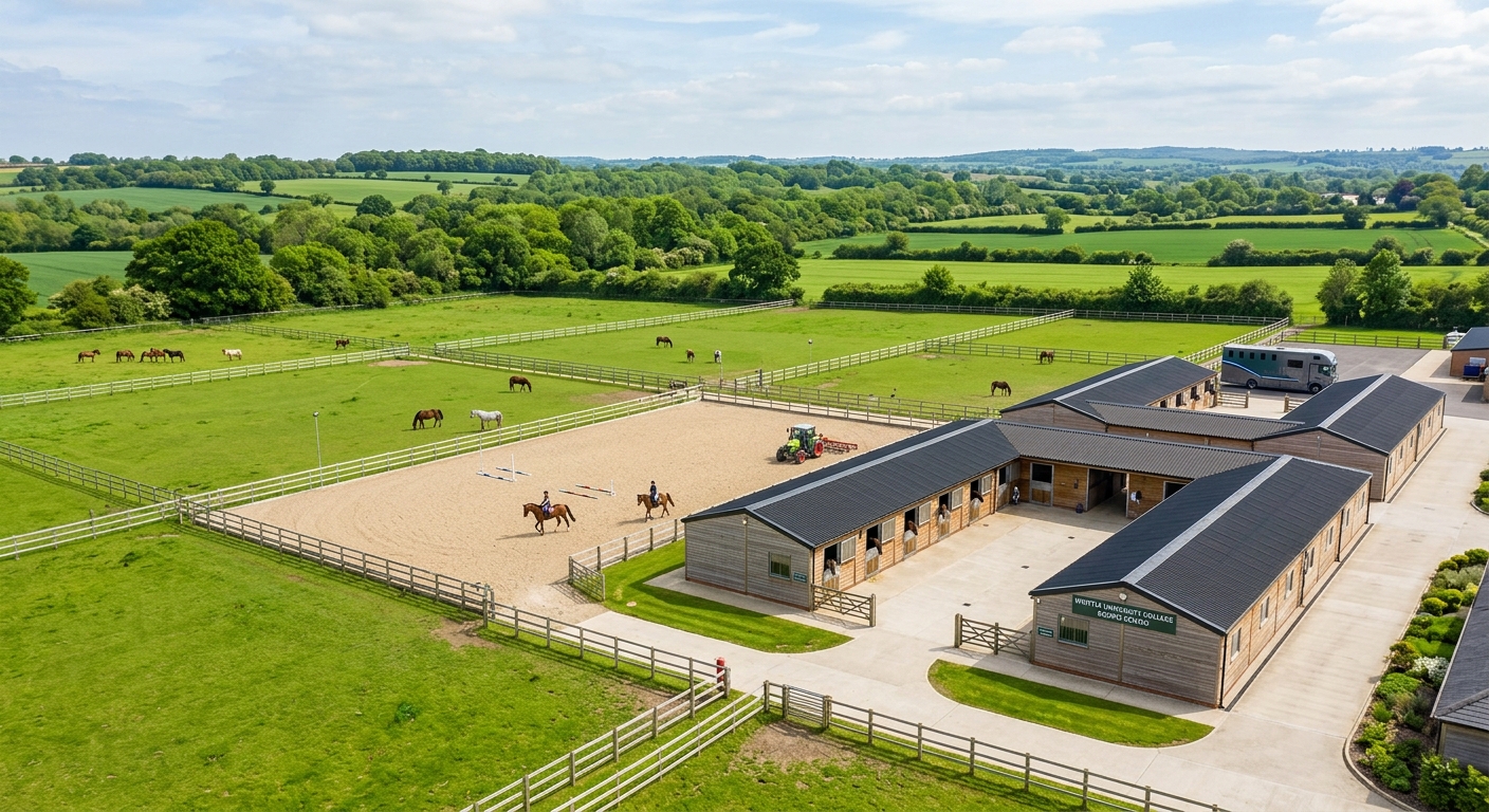 Writtle University College equine centre with modern stables, horses in paddocks, riding arena, surrounded by green fields