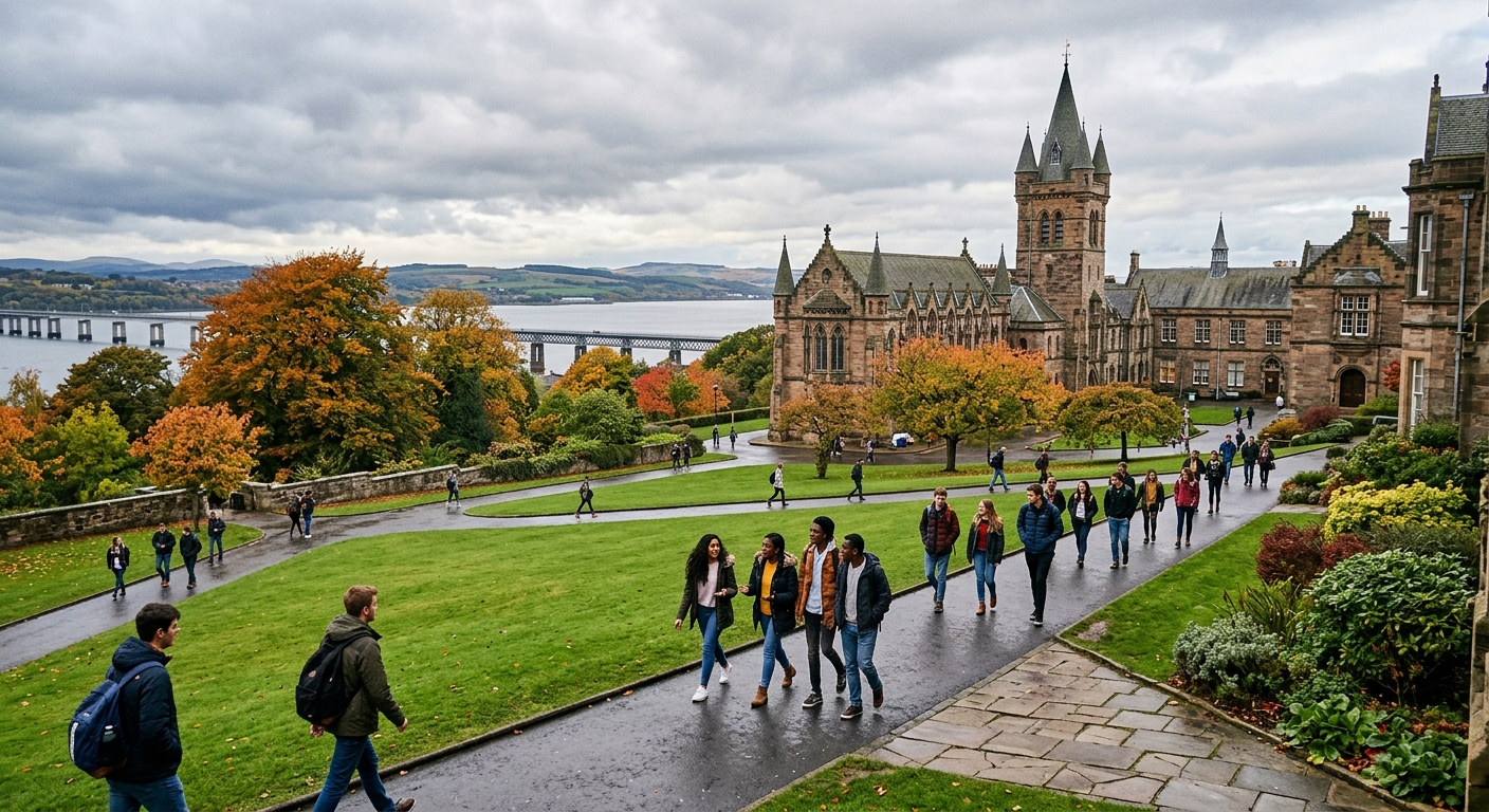 University of Dundee historic campus buildings with green lawns, students walking along pathways, view of the River Tay in the background, overcast Scottish sky, autumn foliage on mature trees