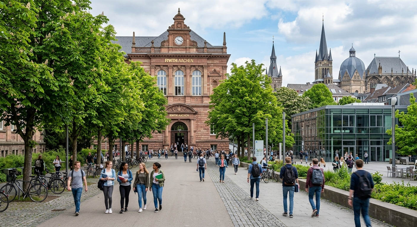RWTH Aachen University main building with historic facade and modern campus surroundings, students walking along tree-lined pathways in Aachen, Germany, with the cathedral visible in the background