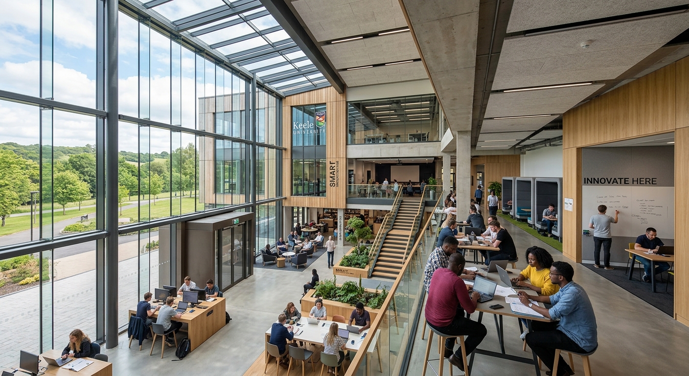 Keele University Smart Innovation Hub, a contemporary business school building with open collaborative spaces and natural lighting
