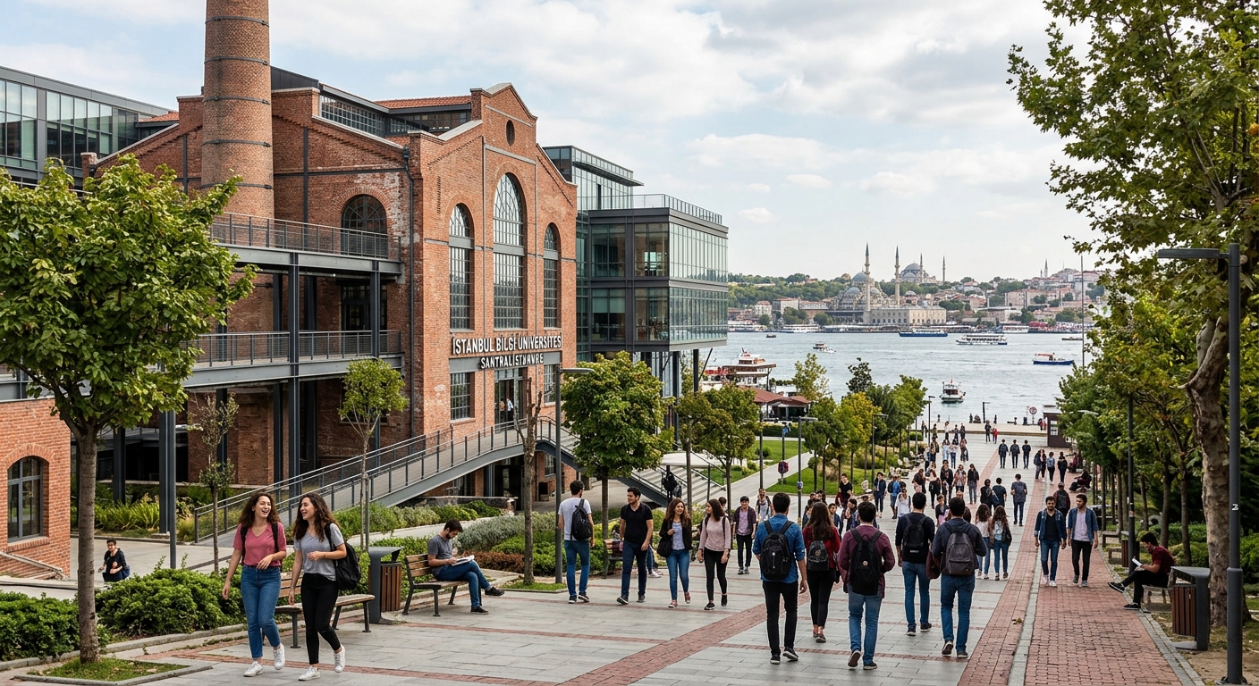 Modern Istanbul Bilgi University campus building at santralistanbul with students walking along tree-lined pathways, industrial heritage architecture blended with contemporary design, Golden Horn waterfront visible in background