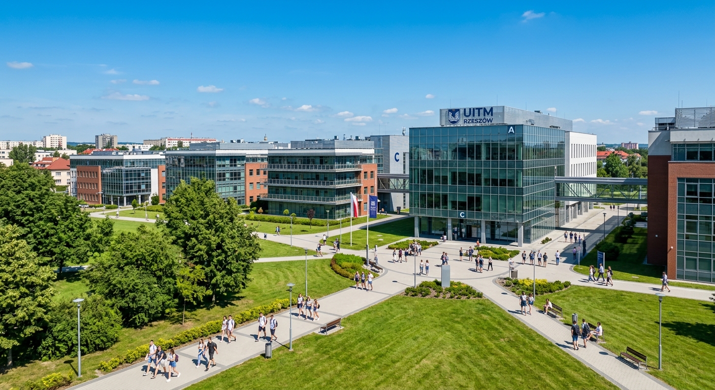 University of Information Technology and Management UITM campus wide shot in Rzeszow Poland, modern university buildings with glass facades, green lawns, students walking on pathways, clear blue sky, European architecture