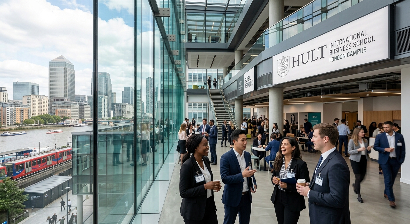 Modern glass-fronted Hult International Business School London campus building near Canary Wharf financial district, diverse MBA students networking in a contemporary atrium with city skyline views
