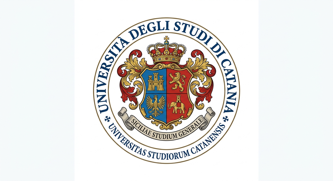 University of Catania official logo, Università degli Studi di Catania emblem with traditional heraldic shield and Latin text on white background