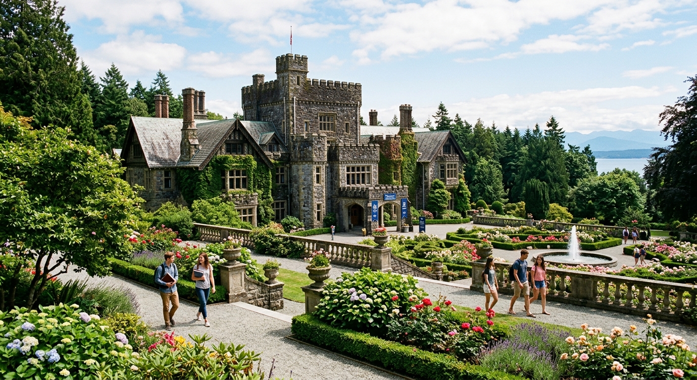 Historic Hatley Castle at Royal Roads University campus surrounded by lush gardens and Pacific Northwest forest, with students walking along pathways on Vancouver Island, British Columbia