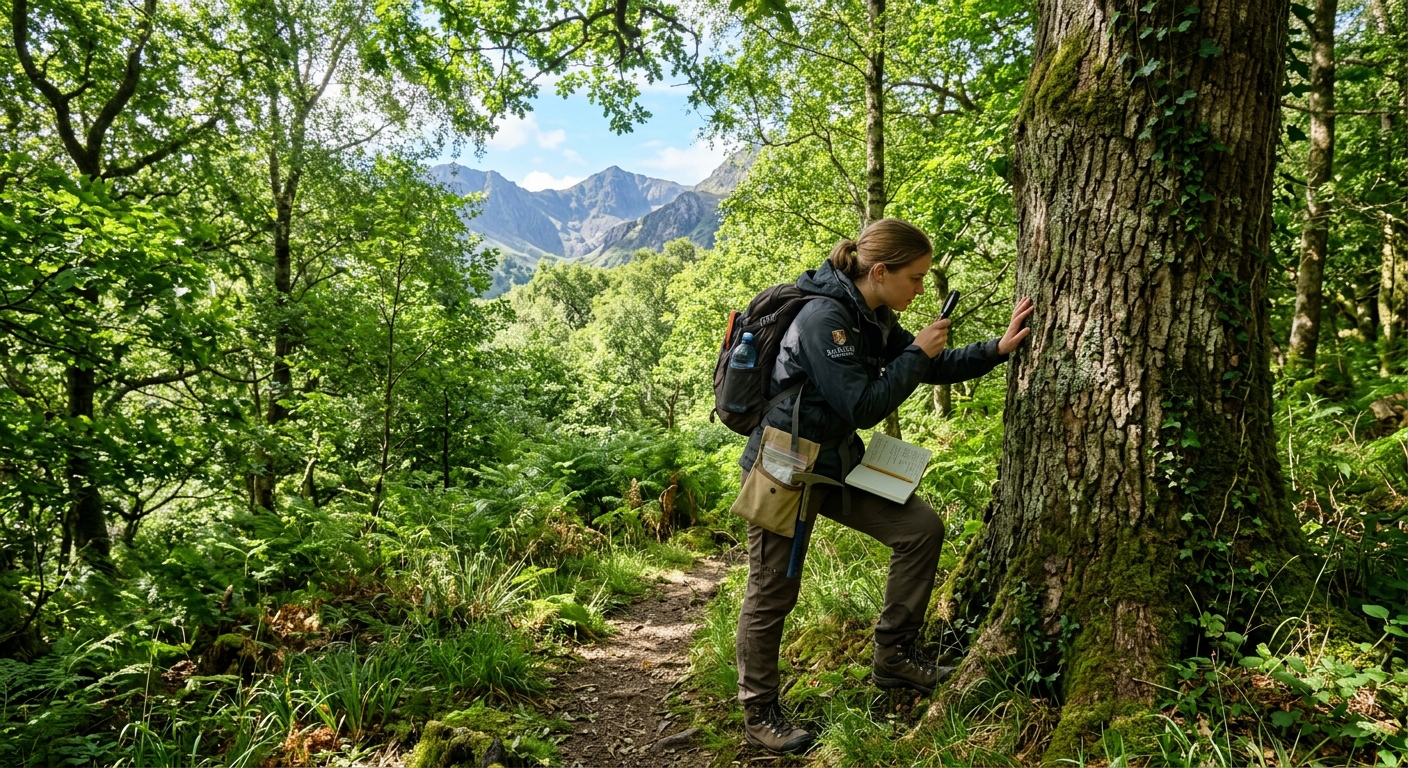 Lush green woodland in North Wales with sunlight filtering through a canopy of native broadleaf trees, Snowdonia mountains visible in the background, a student examining tree bark with field equipment