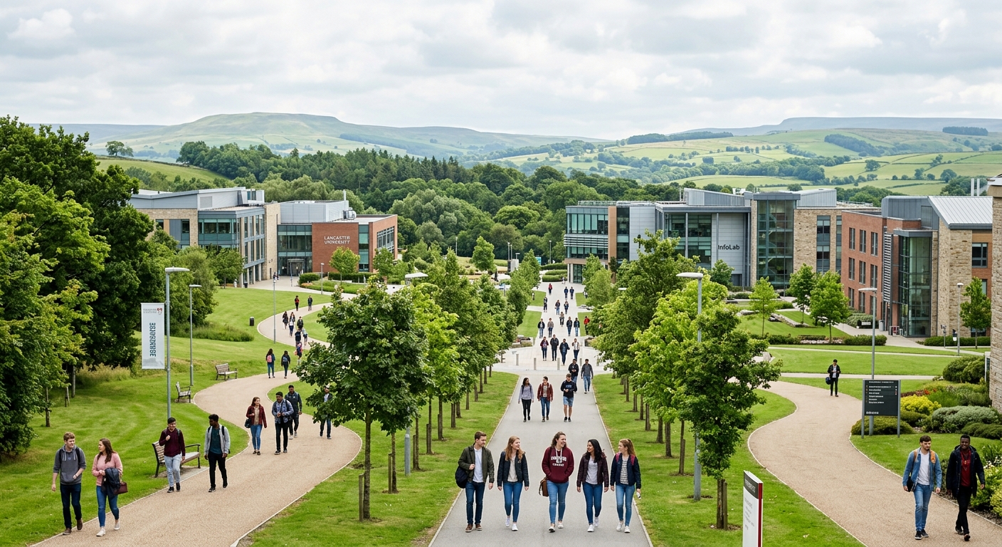 Lancaster University green parkland campus with modern academic buildings, students walking along tree-lined paths, rolling hills of Lancashire in the background, bright overcast English sky