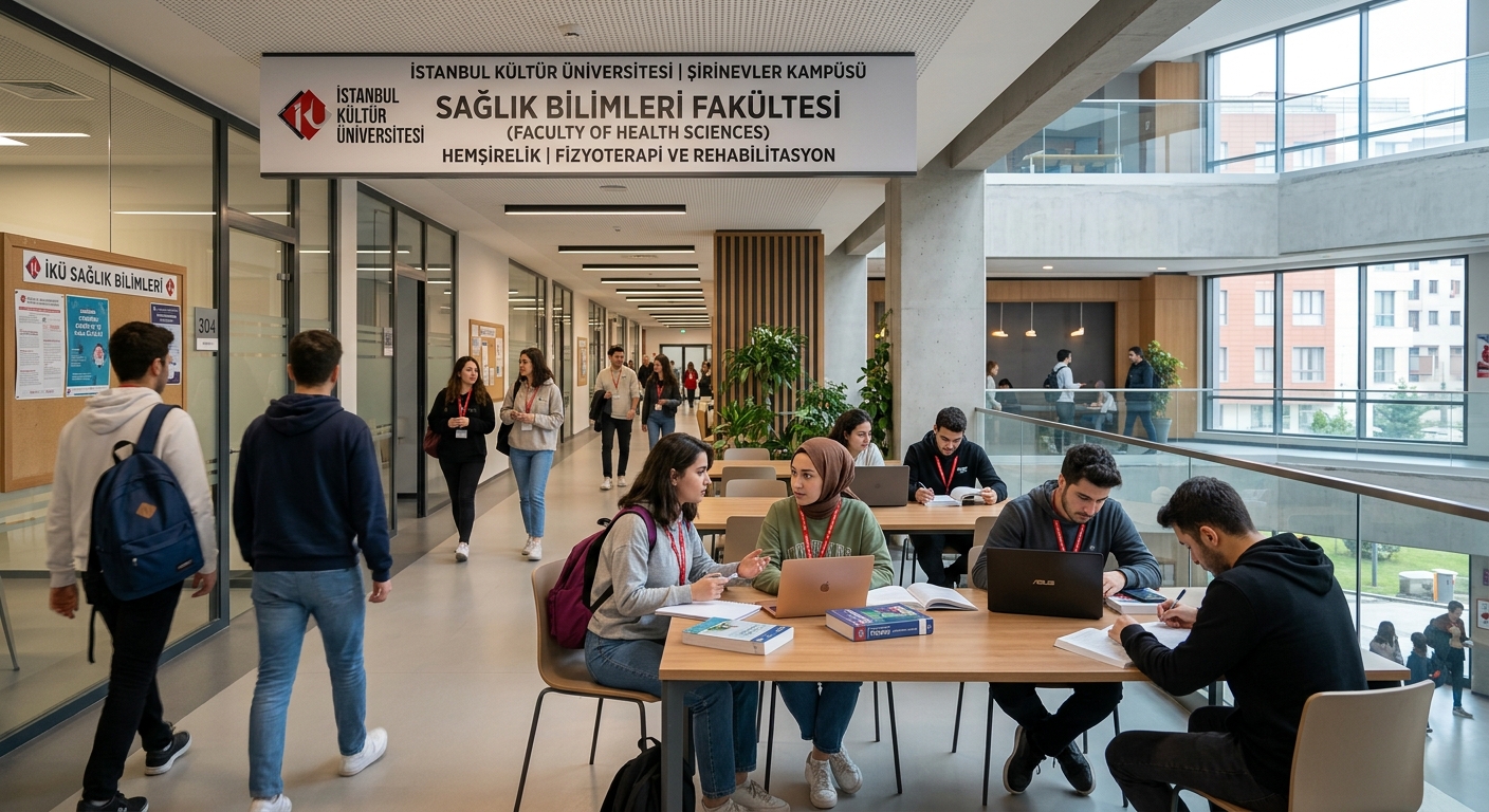 Istanbul Kültür University Şirinevler campus building with Faculty of Health Sciences signage, modern interior corridors, students in study areas