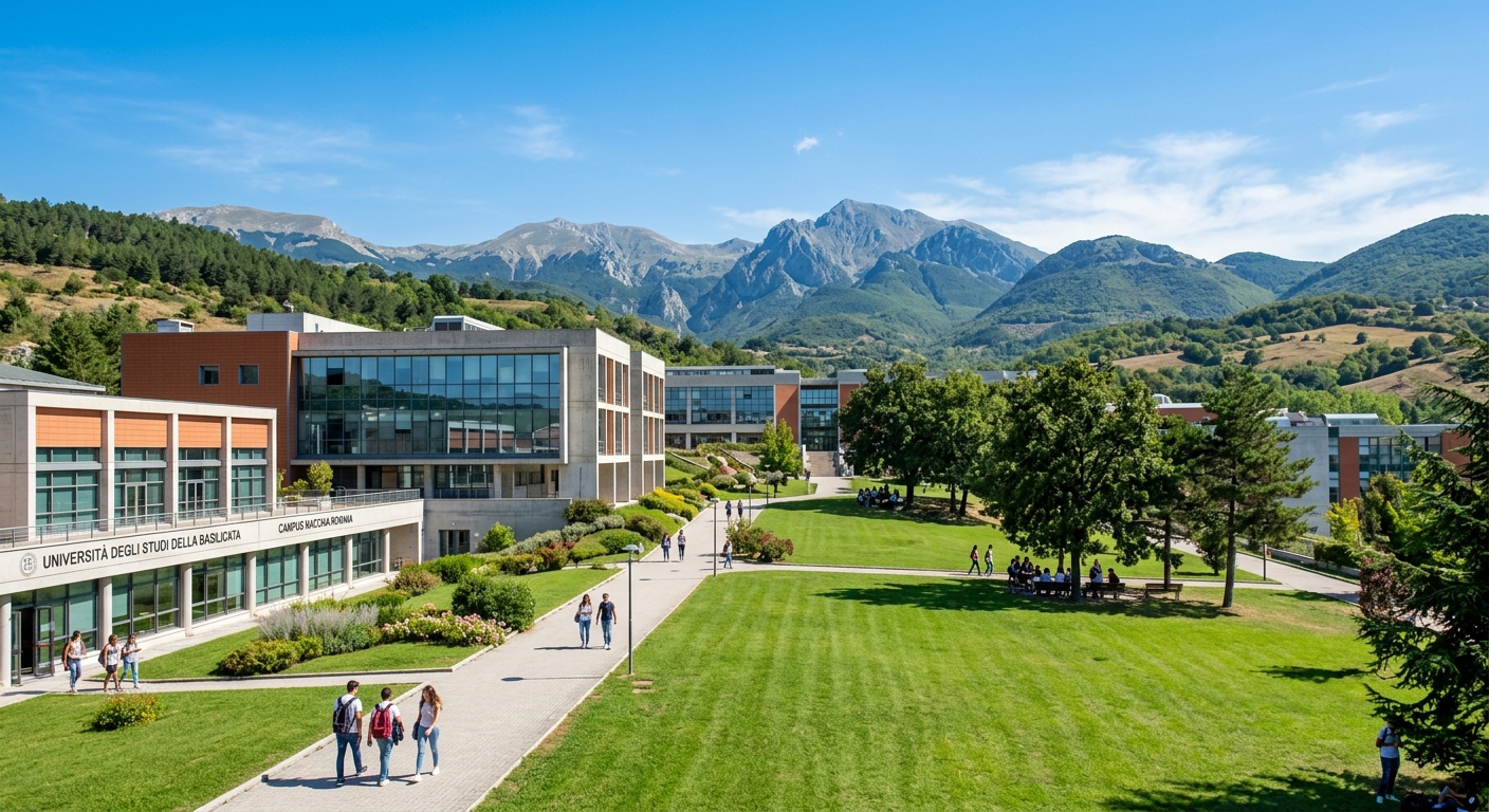Macchia Romana campus of University of Basilicata in Potenza, modern academic buildings with large windows, green lawns, mountain backdrop, clear sky