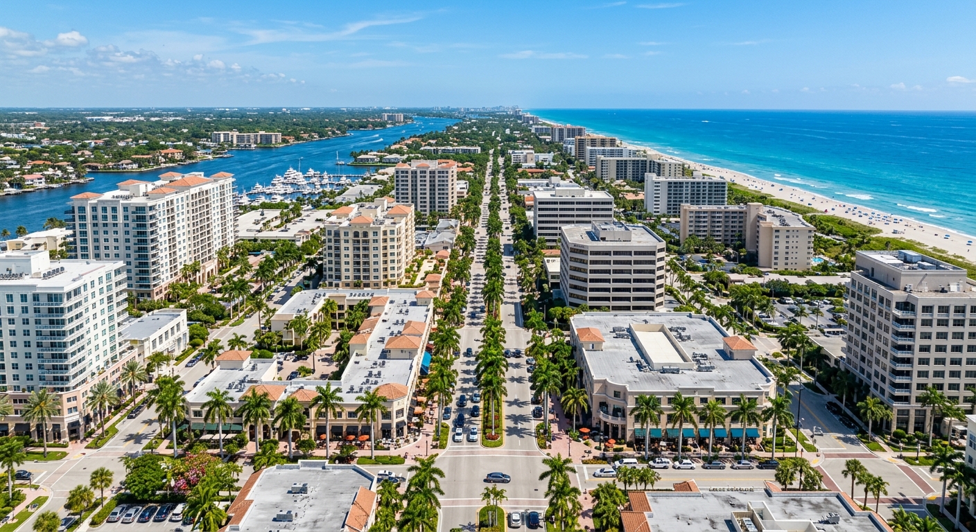 Boca Raton Florida cityscape, palm-lined streets, upscale downtown area, Atlantic Ocean beach in background, sunny tropical weather, modern buildings