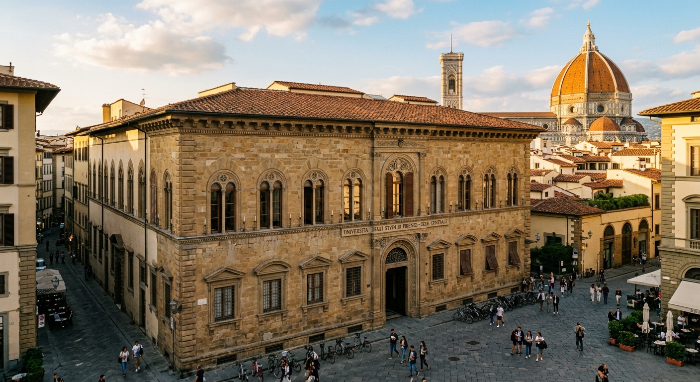 Historic Renaissance-era university building in the center of Florence with stone facades, arched windows, and the Florence Cathedral dome visible in the distance, warm afternoon light