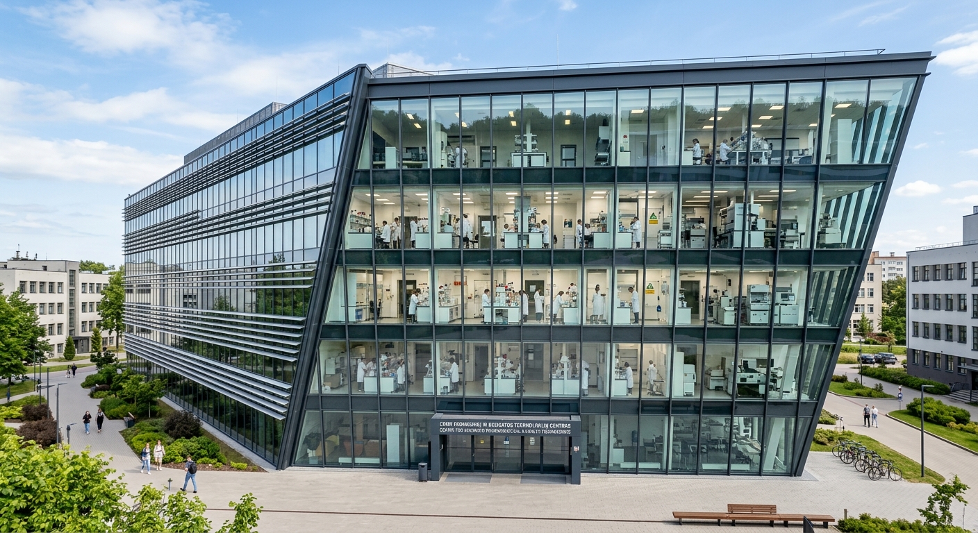 LSMU Centre for Advanced Pharmaceutical and Health Technologies, modern research building with glass and steel architecture, laboratory equipment visible through windows, Santaka Valley